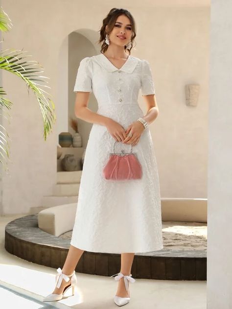 Fake Button A-line Jacquard Dress | SHEIN USA Checks Frocks For Women, Korean Frocks, White Dress Korean Style, Petite Tips, Modest Elegant Dresses, Frock Designs For Women, Sister Fashion, Simple Frock Design, Simple White Dress