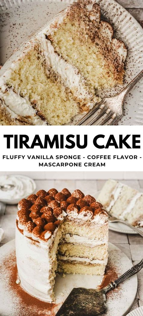 Discover a delightful twist on the classic Italian dessert with our Tiramisu Layer Cake recipe. Enjoy the rich coffee flavor and the perfect balance of flavors in this easy-to-make dessert. It features a fluffy vanilla sponge soaked in coffee and filled with creamy mascarpone goodness. Tiramisu Sponge Cake Recipe, Tiramisu Cake Easy, Tiramisu Charlotte Cake, Tiramisu Cake Recipe Easy, Mascarpone Filling Layer Cakes, Tiramisu Flavored Desserts, Terimisu Cake Aesthetic, Feminine Cake Ideas, No Butter Cake Recipe