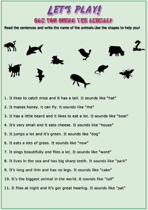 Animal Guessing Game, Easy Brain Teasers, Opposite Words For Kids, Guessing Games For Kids, Pet Activities, Habitat Project, Guess The Animal, Game Worksheet, Work Games