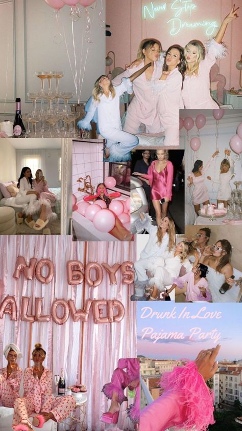 Bachelorette Party Pyjama, Bachelorette Pajamas Party, Bach Pajama Party, Hen Do Pj Party, Pink Bachelorette Party Aesthetic, Hen Party Sleepover, Bridal Shower Ideas Pink And White, Bachelorette Pjs And Prosecco, Batchloret Party Ideas Pink