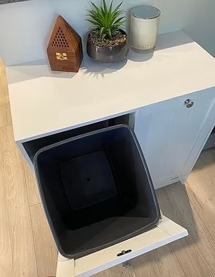 Bin Storage Ideas Indoor, Kmart Laundry Hamper Hacks, Kitchen Bins In Cupboard, Rubbish Bin Ideas Kitchens, Laundry Bin Storage, Laundry Bin Ideas, Laundry Cupboard Ideas, Laundry Cabinet Ideas, Bin Cupboard