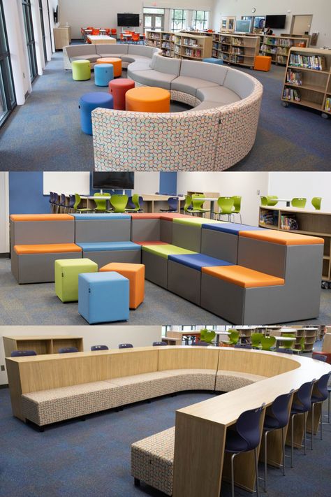 Library In Office Space, School Media Center Design, School Furniture Ideas, Library Ideas For School, School Library Design Interior, Student Lounge Design, Learning Center Design, School Classroom Design, School Library Furniture