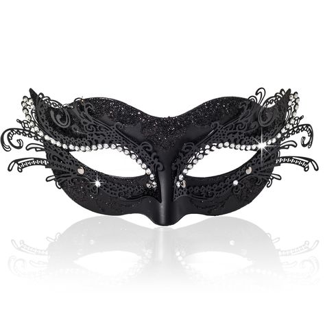 PRICES MAY VARY. BLACK STYLISH MASK - Glitter powder draw the classic Venetian style, combining with the Metal filigree with rhinestone, the women mask is very exquisite and unique. GREAT QUALITY - Crafted from ABS plastic and metal decal pattern, scattered with sparkles and rhinestone. Sturdy but lightweight to wear. ONE SIZE FITS MOST - Mask is secured by an elastic band. Comfortable and wearable. WIDE APPLICATIONS - The new women mask is perfect for masquerade ball, Halloween, venetian party, Black And Silver Masquerade Mask, Masquerade Mask Ideas Diy, Black And White Masquerade Mask, Masquerade Ball Outfit Ideas, Mascarade Ball Outfit, Masquerade Mask Ideas, Masked Ball Outfit, Masquerade Party Aesthetic, Black Mask Masquerade