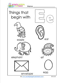 Here's 6 things that begin with e: elephant, eagle, elf, egg, ear, & envelope & they're all on this worksheet! Read the words, circle the letter e & color! Things That Begin With The Letter A, E Is For, E Worksheets Preschool, Letter E Worksheets Preschool, Letter E Activities For Preschool, Letter E Worksheet, Science Worksheets For Kindergarten, Letter E Activities, Preschool Alphabet Printables