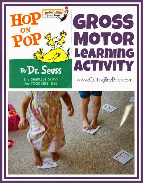 Gross motor learning activity using the Dr. Seuss book Hop on Pop!  Can be used to review letters, numbers, sight words, shapes, or colors.  Perfect for toddlers or preschooler! Gross Motor Activities For Preschoolers, Gross Motor Activities For Toddlers, K4 Classroom, Motor Activities For Preschoolers, Motor Activities For Toddlers, Girls Activities, Dr Seuss Preschool, Book Lessons, Smart Boys