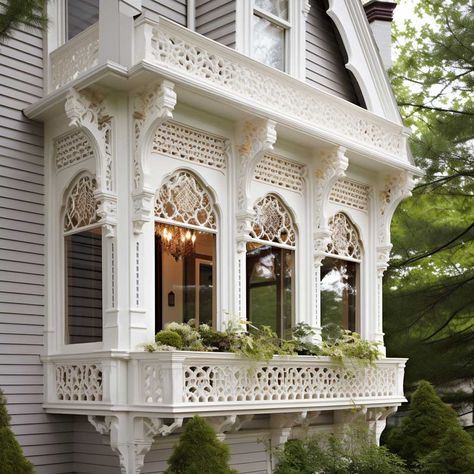 5+ Classic Exterior Window Trim Designs for a Vintage Appeal • 333+ Images • [ArtFacade] Moulding On Windows Exterior, Large Exterior Windows, Victorian Windows Exterior, Victorian Window Trim, Exterior Bay Window, Balcony Vintage, Exterior Window Molding, Exterior Window Trim Ideas, Victorian Bay Window