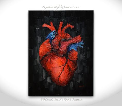 Black Heart Painting, Heartbeat Art, Paint Reference, Cardiologist Doctor, Anatomical Heart Art, Hummingbird Painting, Drawing Template, Palette Knife Art, Modern Rainbow