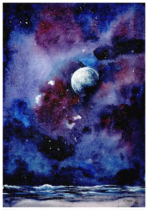 "Moon" is a watercolour painting series, where I picture our planet's companion, the Moon or some other unknown and abstract planets in the starry night sky or between picturesque clouds. You can s... Watercolor Night Sky, Planet Painting, Painting Landscapes, Underwater Painting, Painting Bedroom, Night Sky Painting, Colors Painting, Painting Summer, Painting Decoration