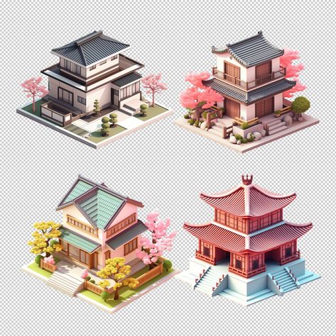 Four different types of Asian houses with cherry blossoms in the background. The houses are all different styles and sizes, but they all have a similar color scheme and design Traditional Japanese House Exterior Kyoto Japan, Japanese Background Art, House Design Japanese Style, Japanese House Art, Traditional Japanese House Exterior, Japanese House Drawing, Asian Houses, Asian Art Projects, Japanese House Exterior