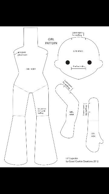 Lil' Cupcake Doll Pattern Cute Sewing Templates, Doll Template Sew, Cute Plushie Patterns Sew, Plush Body Pattern, Plushie Doll Pattern, Human Plush Pattern, Doll Sewing Patterns Free Templates, Cute Sewing Patterns Plush, Free Doll Sewing Pattern