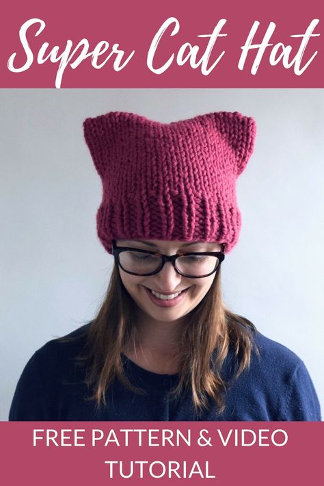 Free cat hat knitting pattern and video tutorial! www.kniftyknittings.com Cat Ear Hat Knitting Pattern, Knitted Cat Hat, Cat Hats Knitted, Cat Hat Pattern, Crochet Cat Hat, Hat Patterns Free, Cat Beanie, Hat Knitting Pattern, Knitted Cat