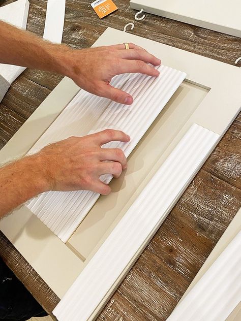 DIY Fluted Cabinet Doors - Jenna Sue Design Cabinet Renovation Diy, Fluted Cabinets Bathroom, Diy Small Wall Cabinet, Build Your Own Cabinets Kitchens, Reeded Cabinets Diy, Add Texture To Cabinet Doors, Diy Doors For Cabinet, Fluted Closet Door Diy, Dowel Rod Cabinet Door