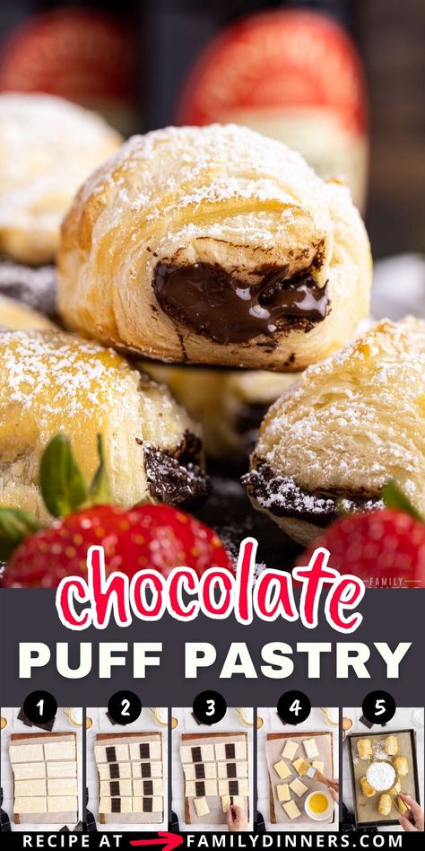 Whether you call these pan au chocolat, mini chocolate filled croissants, chocolate pastry, or chocolate puff pastries, these are one of the easiest desserts you can make! These mini chocolate puff pastries are homemade without hours of work. Make with frozen pre-made puff pastry dough, Hershey's Special Dark Chocolate plus our secret ingredient to make them perfect! Chocolate Danish Recipe, Puff Pastry Chocolate Chips, Chocolate Phyllo Dessert, Puff Pastry Shells Recipes Breakfast, Chocolate Croissant Cookies, Puff Pastry With Chocolate, Easy Recipes With Puff Pastry, What To Do With Puff Pastry Sheets, Puff Pastry Chocolate Croissants