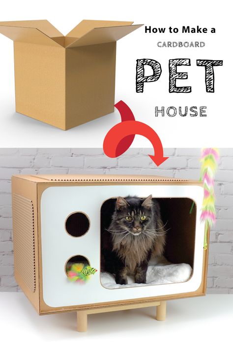 Cardboard Pet House, Cat House Diy Cardboard, Cardboard Dog, Diy Bunny Toys, Diy Cat Tent, Diy Cat Bed, Kat Diy, Cardboard Cat House, Cat Castle