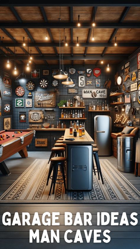 Diy Sports Bar Ideas, Dark Grey Man Cave, Party Garage Ideas Man Cave, Man Cave Mural, Shop Man Cave Ideas, Garage Ideas Man Cave, Garage Bar Ideas Man Caves, Barn Bar Ideas, Garage Hangout Ideas