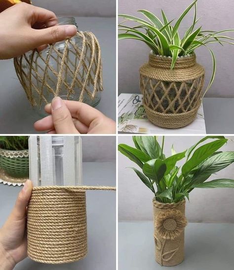 Twine Vase, Flower Vase Ideas, Diy Flower Vase, Flower Vase Crafts, Jute Flowers, Twine Crafts, Stones Aesthetic, Vase Ideas, Craft From Waste Material