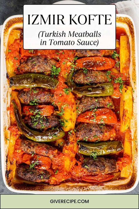 Make Izmir Kofte at home! This tasty Turkish meatball dish is packed with flavors and perfect for family meals. Meatballs And Potatoes, Beef Kofta Recipe, Meatball Dish, Turkish Meatballs, Turkish Dishes, Meatballs In Tomato Sauce, Fajita Mix, Meatball Dishes, Crunch Wrap