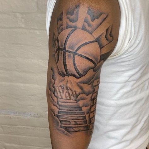 Best Unique Tattoos For Men, Black Men Shoulder Tattoo, Upper Shoulder Tattoo Men, Upper Shoulder Tattoo Men Ideas, Upper Shoulder Tattoo, Man Tattoos, Jordan Tattoo, Basketball Tattoos, Arm Tattoos Black