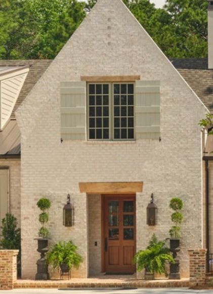 Large Window Shutters Exterior, Functional Shutters Exterior, Brick Farmhouse Exterior, Tudor Exterior, Brown Shutters, Window Shutters Exterior, Shutters Exterior, White Farmhouse, Window Shutters