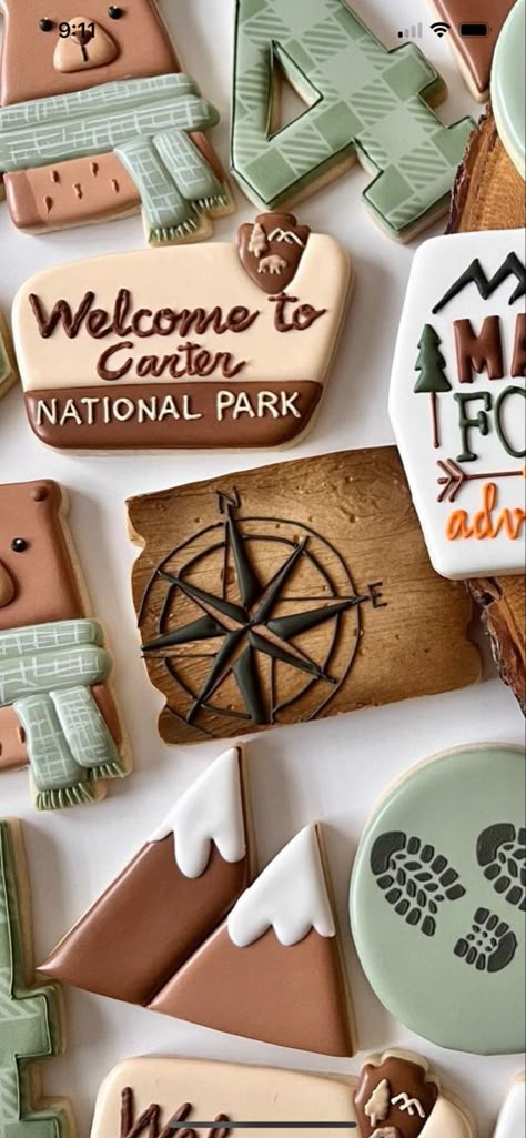 National Park Birthday Cookies, National Park Cupcakes, National Park Baby Shower Cookies, Hiking Themed Party, National Park Cookies, One Happy Camper Cookies, National Park Party, Adventure First Birthday, Camp Cookies