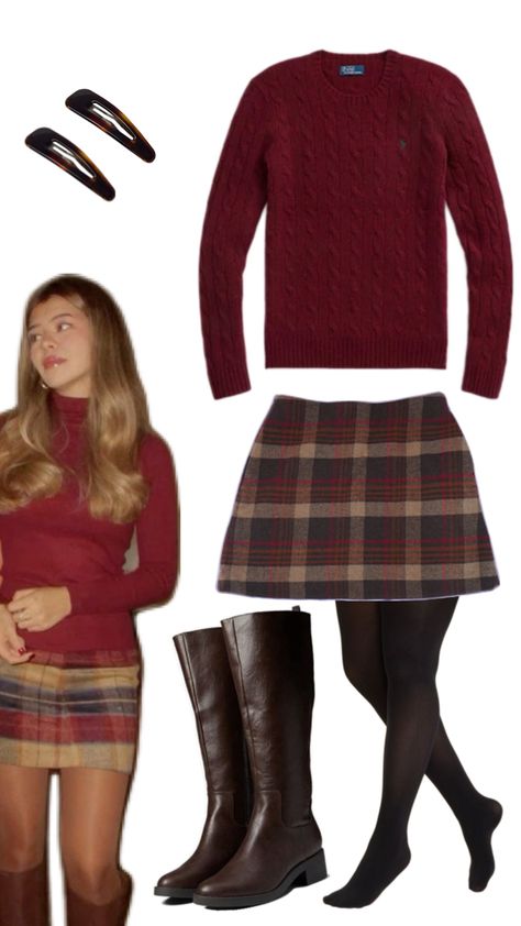 #plaid #skirt #boots #barrettes #sweater #red #fall Smart Casual Work Outfit Women, 80s Inspired Outfits, Skirt Boots, Red Plaid Skirt, Casual Work Outfits Women, Fits Aesthetic, Downtown Outfits, Red Fall, Plaid Outfits