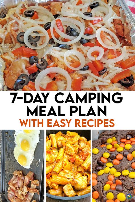 Need to plan camping food? This 7-Day Camping Meal Plan has everything you need for a week of eating at the campground. This camp menu includes a daily breakfast, lunch, dinner, and dessert. 7 Day Camping Meal Plan, 4 Day Camping Meal Plan, Camping Meals And Snacks, Camping Menu For A Week, Easy Rv Camping Meals, Camping Menu 3 Day, Hunting Camp Meals, Dry Camping Meals, Tent Camping Meals