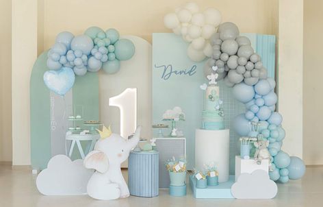 Elephant Baptism and 1st Birthday Party | CatchMyParty.com First Birthday And Baptism Ideas For Boy, Baby Boy First Bday Theme, First Year Boy Birthday Party Theme, Birthday Theme For Boys 1st, 1st Birthday Boy Decorations Ideas, 1st Birthday Party Themes For Boys, Baby Boy First Birthday Ideas Themes, 1st Birthday Themes For Boys, Elephant Birthday Theme