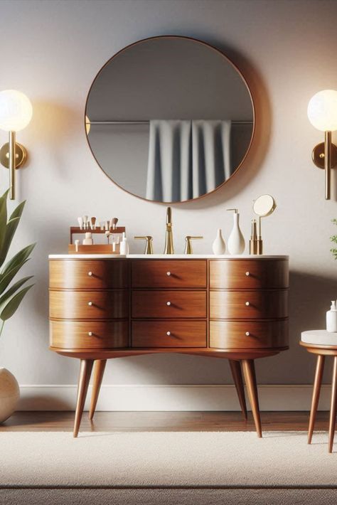 Channel the 60s with this mid-century modern vanity. Tapered legs and clean lines create a timeless look. #MidCenturyModern #RetroVanity Makeup Set For Beginners, Makeup Christmas Gifts, Retro Vanity, Mid Century Modern Vanity, Vibrant Makeup, Retro Revival, Concealer Stick, Vanity Ideas, Makeup Gift Sets