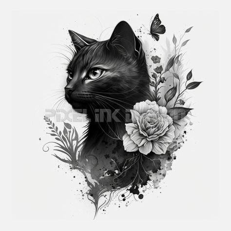 Cat Tattoo Large, Tattoos For Cats, Cat With Flowers Tattoo, Unique Cat Tattoo, Cat Memorial Tattoo, Cat Portrait Tattoo, Snow Leopard Tattoo, Flowers Tattoo Design, Cat Portrait Tattoos