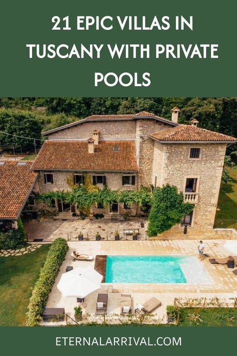 drone's eye view of a private pool in tuscany with terra cotta rool and a small pool and sun chairs with the text " 21 epic villas in tuscany with private pools" Tuscan Pool, Tuscan Villas, Villas In Italy, Tuscany Villa, Under The Tuscan Sun, Tuscan Villa, Regions Of Italy, Italian Villa, Villa With Private Pool