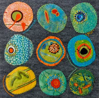 Love this idea for making up blankets etc from scraps of other things. Material Mavens: Barbara's Cell - Under the Microscope Under The Microscope, 자수 디자인, Art Textile, Science Art, Embroidery Inspiration, Sashiko, Fabric Art, Modern Quilts, Art Quilts