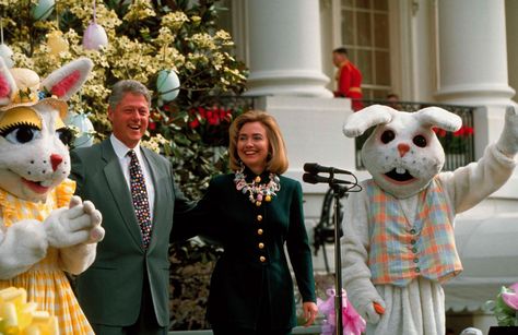 The Clintons silently scream as the easter bunnies (two of 'em?) lay siege to the White House | 1995 Bill And Hillary Clinton, Bunny Suit, Egg Roll, Easter Bunnies, Time Life, Bill Clinton, Egg Rolls, Easter Dress, Vintage Easter