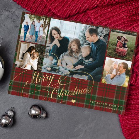 5 Photos Merry Christmas Elegant Script Red Plaid Holiday Card #zazzle #weddinginvitations #birthdayinvitations #babyshowerinvitations #zazzleinvitations #monogram #businesscards #graduation #homedecor Foil Christmas Cards, Happy Holidays Greetings, Classic Calligraphy, Christmas Elegant, Family Photo Collages, Happy New Year Cards, Family Christmas Cards, Holiday Design Card, Rustic Holiday