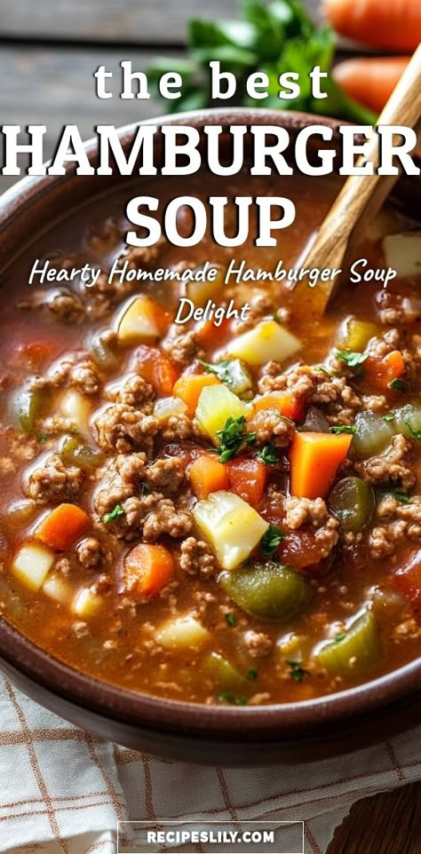 Warm up with a hearty bowl of Hamburger Soup that will satisfy your cravings and keep you cozy! This easy recipe combines ground beef, fresh veggies, and savory broth for a delicious meal that’s perfect any night of the week. Packed with flavor and nutrition, it’s not just comfort food; it’s the ultimate family favorite! Plus, it’s great for meal prep or a quick weeknight dinner. Discover the secrets to making this tasty dish in just one pot! Dive into a world of flavors with every spoonful! Beef Broth And Ground Beef, Cowboy Hamburger Soup Recipe, Soups Recipes With Hamburger, Hamburger Beef Soup Recipes, Instapot Hamburger Vegetable Soup, Taste Of Home Hamburger Stew, Poor Mans Soup Ground Beef, Soup With Hamburger In It, Fall Soup Recipes Beef