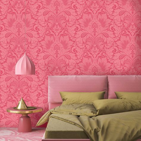 Pink Wallpaper For Walls Interiors, Pink Wallpaper For Room Wall, Wallpaper In Bedroom Statement Wall Pink, Wall Texture Design Bedrooms, Fucsia Wallpaper For Salon, Fuschia Pink Wallpaper, Asian Paint Design, Fear Of Snakes, Pink Damask Wallpaper