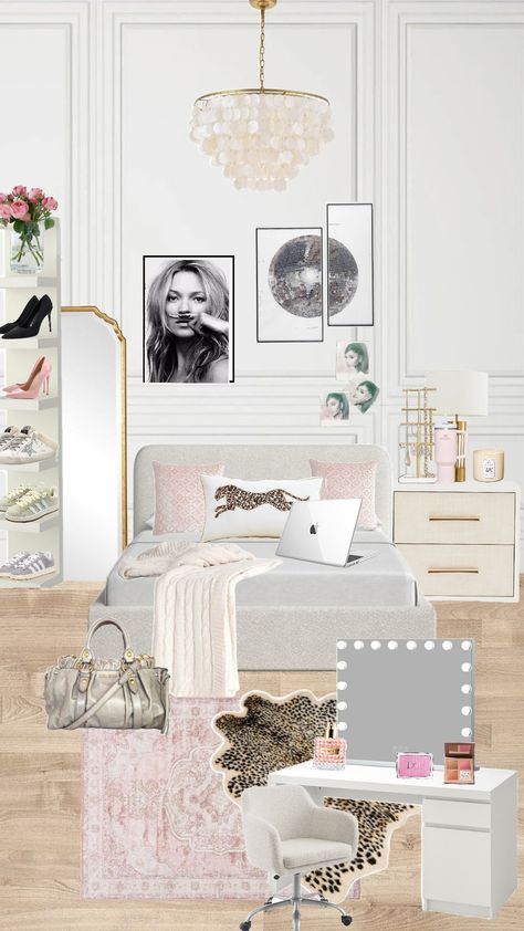 #room #decor #leopardprint Roller Rabbit Room Aesthetic, Cozy White And Gold Bedroom, Glamour Room Ideas Bedrooms, Fashion Inspired Room Decor, Cute Chair For Room, Vouge Room Decor, Glamour Room Aesthetic, New York Aesthetic Room Decor, Europe Room Aesthetic