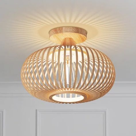 Wayfair | Flush Mount Lighting Farmhouse Flush Mount Light, Woven Lampshade, Rattan Light Fixture, Wooden Canopy, Recessed Ceiling Lights, Rattan Lamp, Bamboo Crafts, Bamboo Weaving, Wooden Ceilings