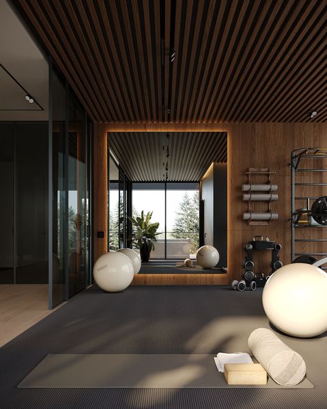 Modern house with elements of minimalism Ruang Gym, Modern Home Gym, Home Yoga Room, Home Gym Basement, Dream Gym, Dream Home Gym, Gym Design Interior, Wellness Room, Luxury Gym