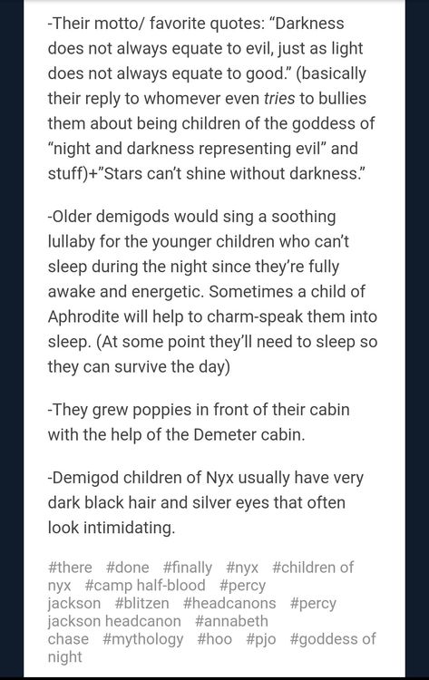 Children of Nyx headcanon 6/6 Children Of Nyx Headcanons, Nyx Percy Jackson, Children Of Nyx Aesthetic, Nyx Cabin Pjo, Child Of Nyx Aesthetic, Children Of Greek Gods, Nyx Cabin, Demigod Aesthetic, Nyx Goddess