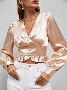 Champagne Elegant Long Sleeve Satin Plain Peplum Non-Stretch Spring/Summer Women Tops, Blouses & Tee Bishop Sleeve, Women Blouses, Satin Blouse, Lace Fashion, Crop Blouse, Women Tops, Ruffle Hem, Summer Women, Bell Sleeve Top