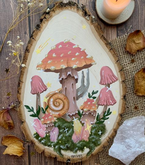 Cottagecore Acrylic Painting, Cottagecore Canvas Painting Easy, Cottage Core Acrylic Painting, Mushroom House Painting, Mushroom Wood Painting, Wooden Mushrooms Painted, Coquette House, Oil Colored, Mushroom Paint