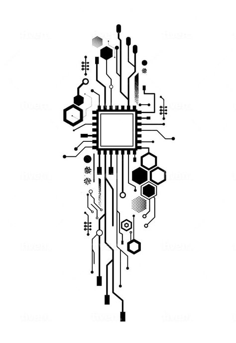 Computer Tattoo, Circuit Tattoo, Cyberpunk Drawing, Chip Tattoo, Electronic Tattoo, Tech Tattoo, Cyberpunk Tattoo, Pola Tato, Geometric Tattoo Design