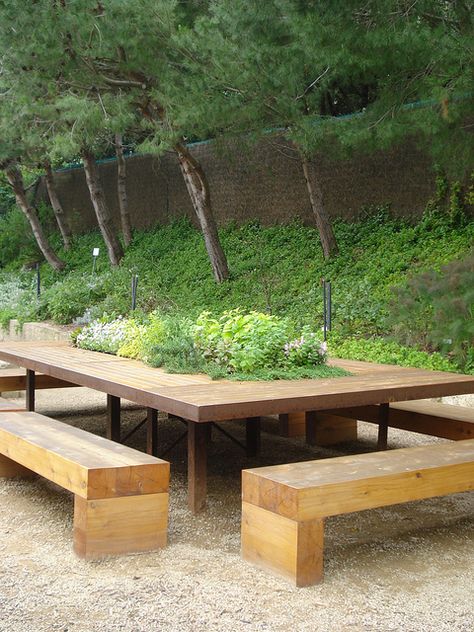 A Live Table Kebun Herbal, Desain Lanskap, Real Estat, Garden Table And Chairs, Garden Table, Garden Spaces, Wooden Table, Outdoor Rooms, Outdoor Projects