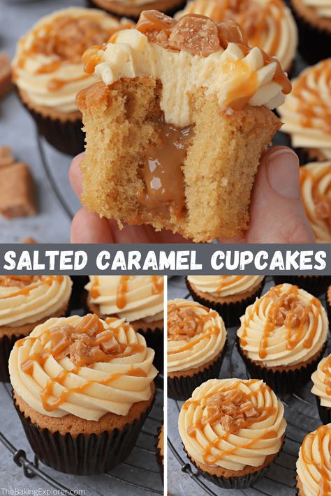 Recipe for Salted Caramel Cupcakes with salted caramel buttercream, filled with salted caramel sauce and decorated with salted caramel fudge #thebakingexplorer #saltedcaramel #cupcakes #cupcakerecipe #saltedcaramelcupcakes Teatime Cakes, Quick Bakes, Salted Caramel Buttercream, Salted Caramel Cupcakes, Salted Caramel Cake, Caramel Cupcakes, Salted Caramel Fudge, Baking Stuff, Caramel Buttercream