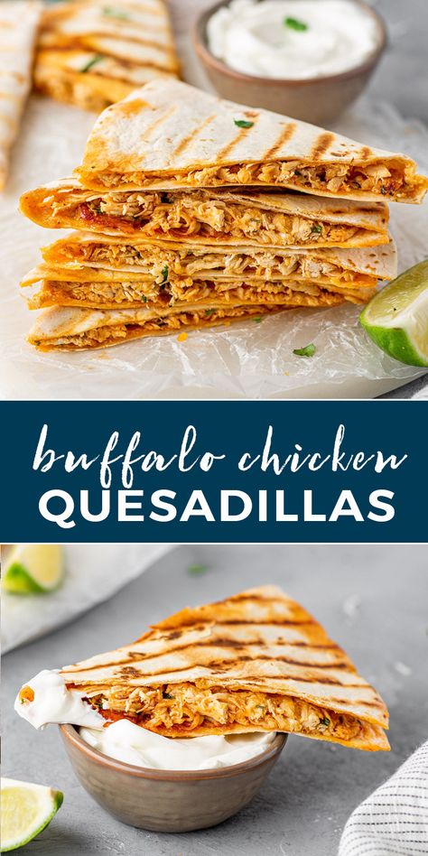 Buffalo Chicken Quesadillas loaded with rotisserie chicken, buffalo sauce, ranch, and lots of cheese. These DELICIOUS extra crispy quesadillas are SO easy to make and are ready in just 15 minutes! Low Carb Buffalo Chicken Quesadilla, Low Carb Chicken Quesadilla, Buffalo Chicken Dinner Ideas, Buffalo Chicken Meal Prep, Quick Buffalo Chicken, Meal Prep Buffalo Chicken, Recipes Rotisserie Chicken, Using Rotisserie Chicken, Buffalo Chicken Quesadilla