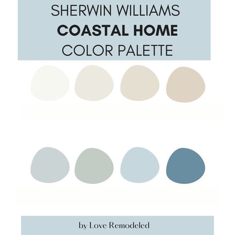 Color Palette Coastal, Home Paint Color Palette, Sherwin Williams Coastal, Beach House Paint Colors, Interior Paint Palettes, Coastal Paint Colors, Coastal Paint, Sherwin Williams Color Palette, Sea Salt Sherwin Williams