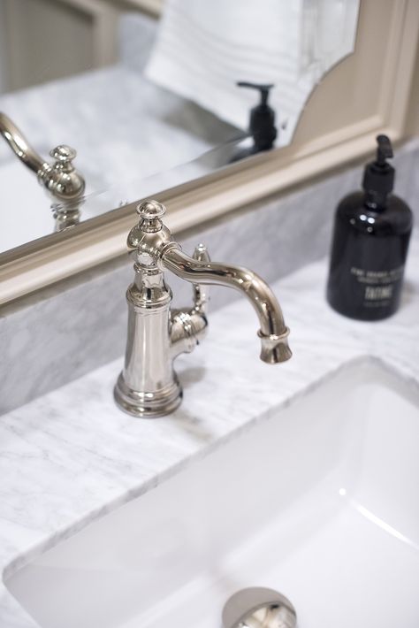 Basement Bathroom Reveal - Room for Tuesday Blog Bridge Bathroom Sink Faucet, Polish Nickel Bathroom Faucet, Bridge Faucet Bathroom, Moen Weymouth Bathroom, Best Shower Faucets, Polished Nickel And Brass Bathroom, Bathroom Polished Nickel, Bathroom Chrome Fixtures, Polished Nickel Bathroom Fixtures