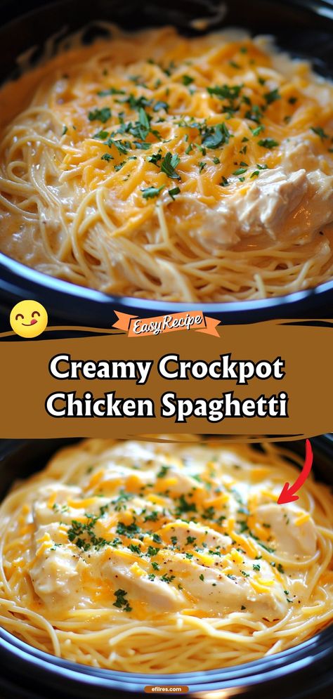 Our Creamy Crockpot Chicken Spaghetti is the epitome of set-it-and-forget-it cooking. This dish features tender chicken and spaghetti tossed in a creamy, savory sauce. It’s a comforting meal that’s perfect for busy weeknights. #CrockpotDinner #ChickenSpaghetti #EasyMeals Chicken Spaghetti Recipe Without Rotel, Chicken Spaghetti Casserole Crockpot, Crockpot Dishes For A Crowd, Creamy Chicken Spaghetti Crockpot, Creamy Crockpot Chicken Spaghetti, Creamy Chicken Pasta Crockpot, Slow Cooker Meals For A Crowd, Easy Chicken Crockpot Meals, Slow Cooker Chicken Spaghetti Recipe