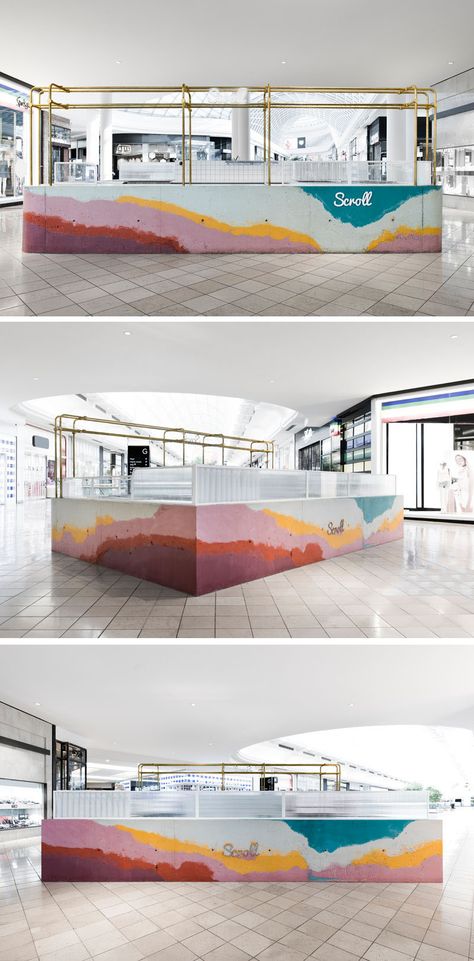 Layers of colorful concrete were poured onsite into a formwork mold to create a bar for Scroll Ice Cream's flagship store in Australia. Colored Concrete, Fish Shop, Kiosk Design, Counter Design, Retail Interior, Ice Cream Shop, Design Light, Hospitality Design, Shop Interiors