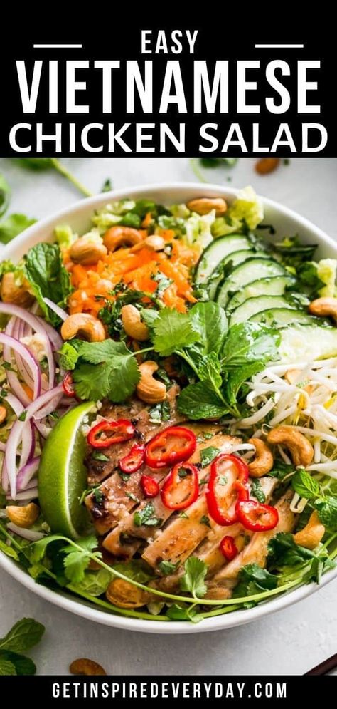 This Vietnamese Chicken Salad is packed with veggies and protein, and it's easy to make as well. It has a lot of classic flavors from bun vermicelli noodle bowls and it's all fresh flavor. Crunchy veggies pair together with sweet savory chicken and an umami-rich dressing that makes this salad so tasty. It's also naturally gluten-free and dairy-free as well. Chicken Vermicelli, Vietnamese Chicken Salad, Vermicelli Salad, Vietnamese Chicken, Paleo Salads, Chicken Asparagus, Easy Eat, Savory Chicken, Vegan Salad